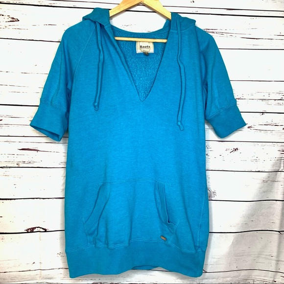 Roots Tops - Roots | Short Sleeve V Neck Hooded Blue Sweatshirt with Front Pocket